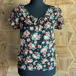 At Last Woman’s Black Floral Top Small Short Sleeve Sheer Boho Chic